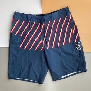 Volcom Blue and Red Diagonal Stripe Board Shorts
